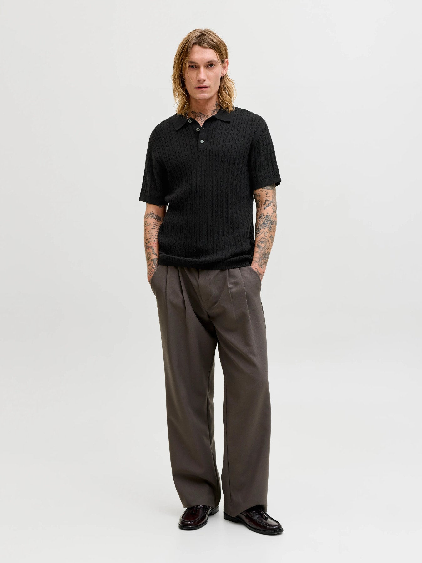 JJEEMIL KNIT CABLE POLO SS LN